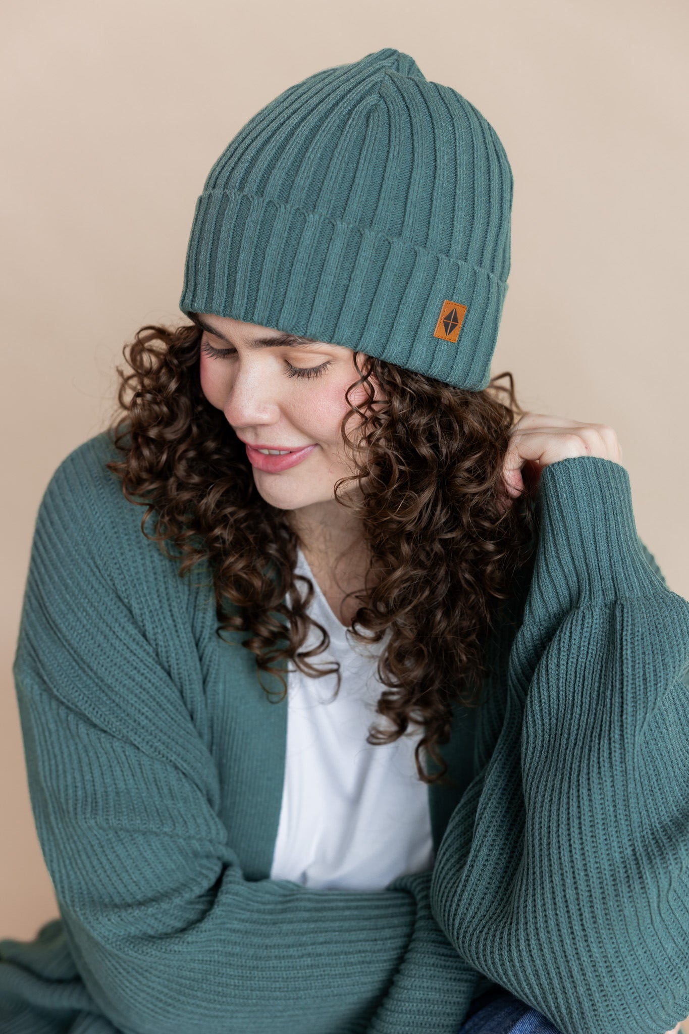 Chunky Knit Adult Ribbed Beanie in Pine - Image 2
