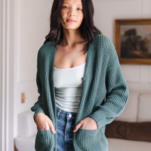 Chunky Knit Women's Waffle Cardigan in Pine