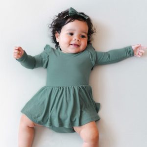 Long Sleeve Twirl Bodysuit Dress in Pine