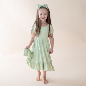 Puff Sleeve Twirl Dress in Basil