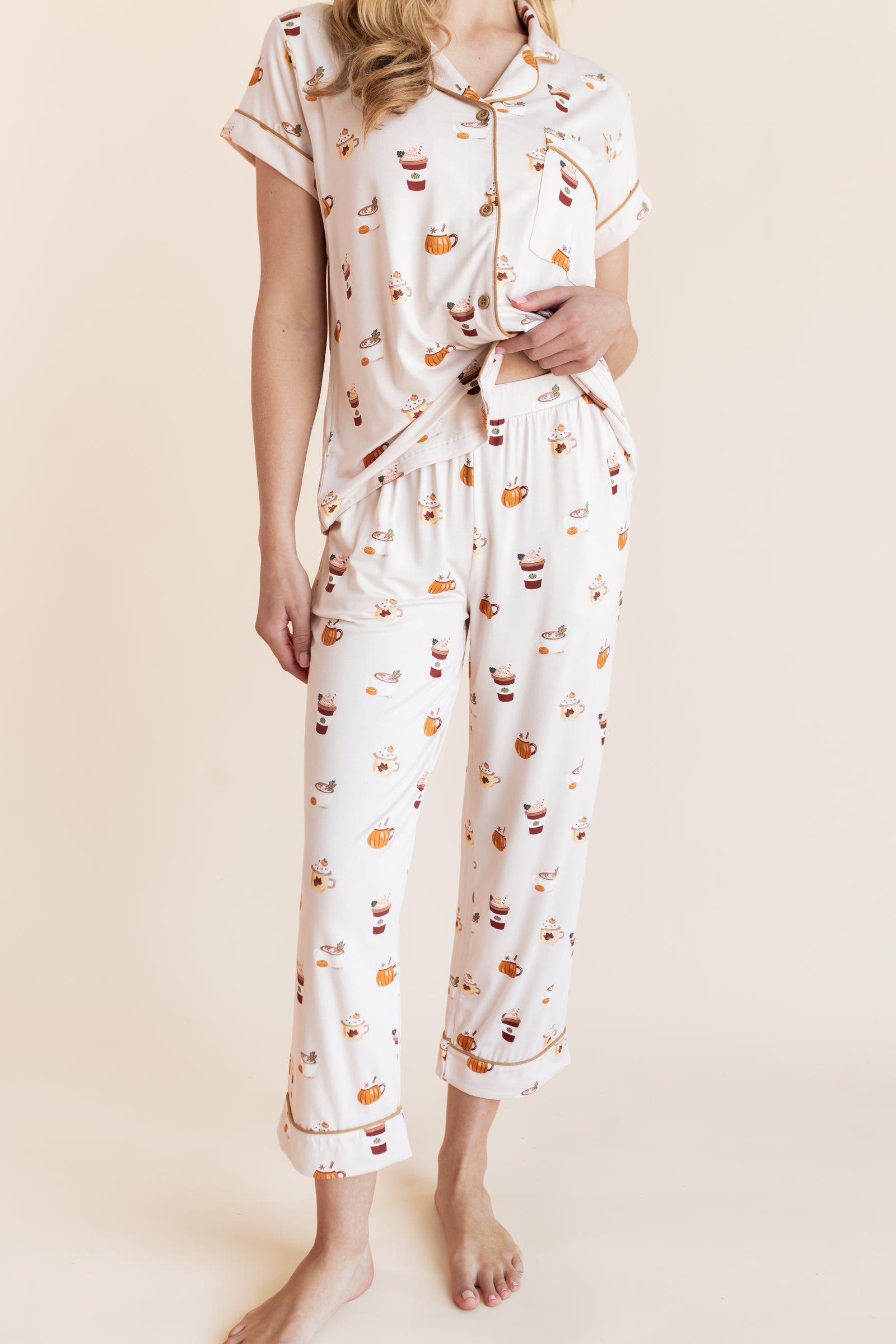 Women's Short Sleeve Cropped Pajama Set in Pumpkin Spice Latte - Image 3