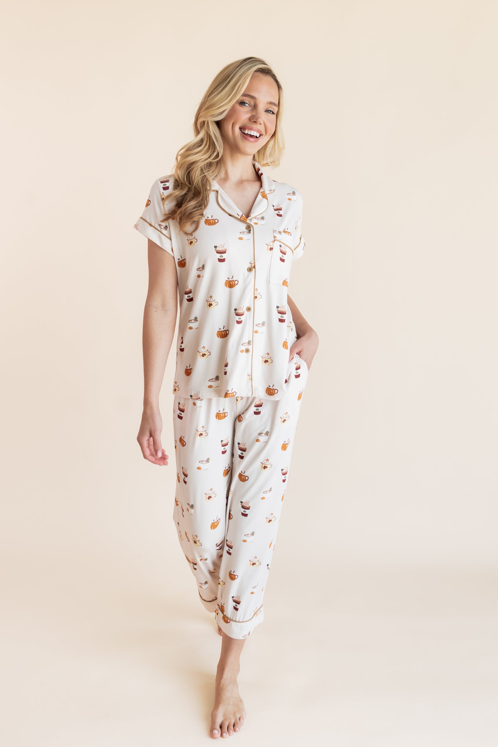 Women's Short Sleeve Cropped Pajama Set in Pumpkin Spice Latte - Image 6