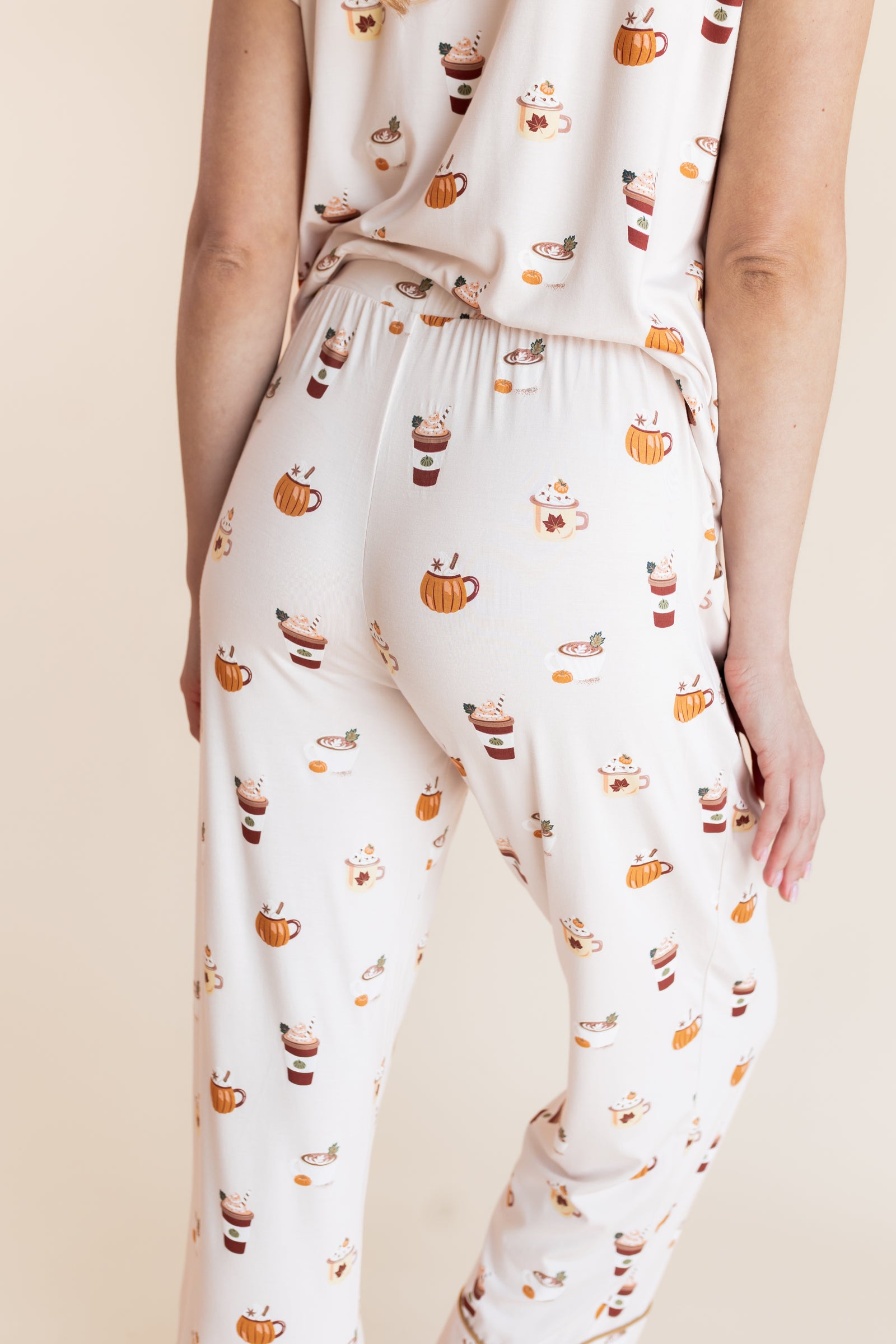 Women's Short Sleeve Cropped Pajama Set in Pumpkin Spice Latte - Image 7