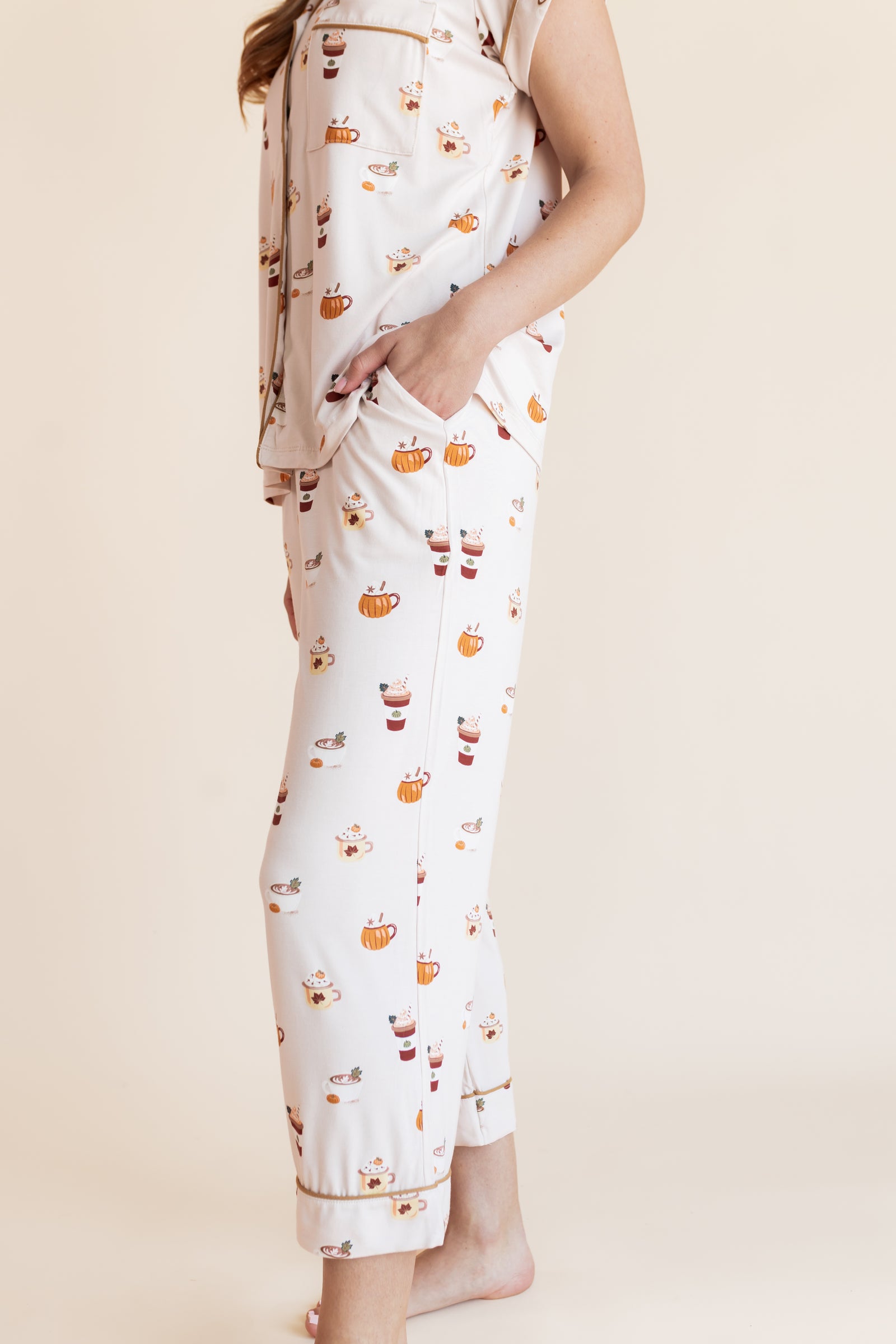 Women's Short Sleeve Cropped Pajama Set in Pumpkin Spice Latte - Image 4