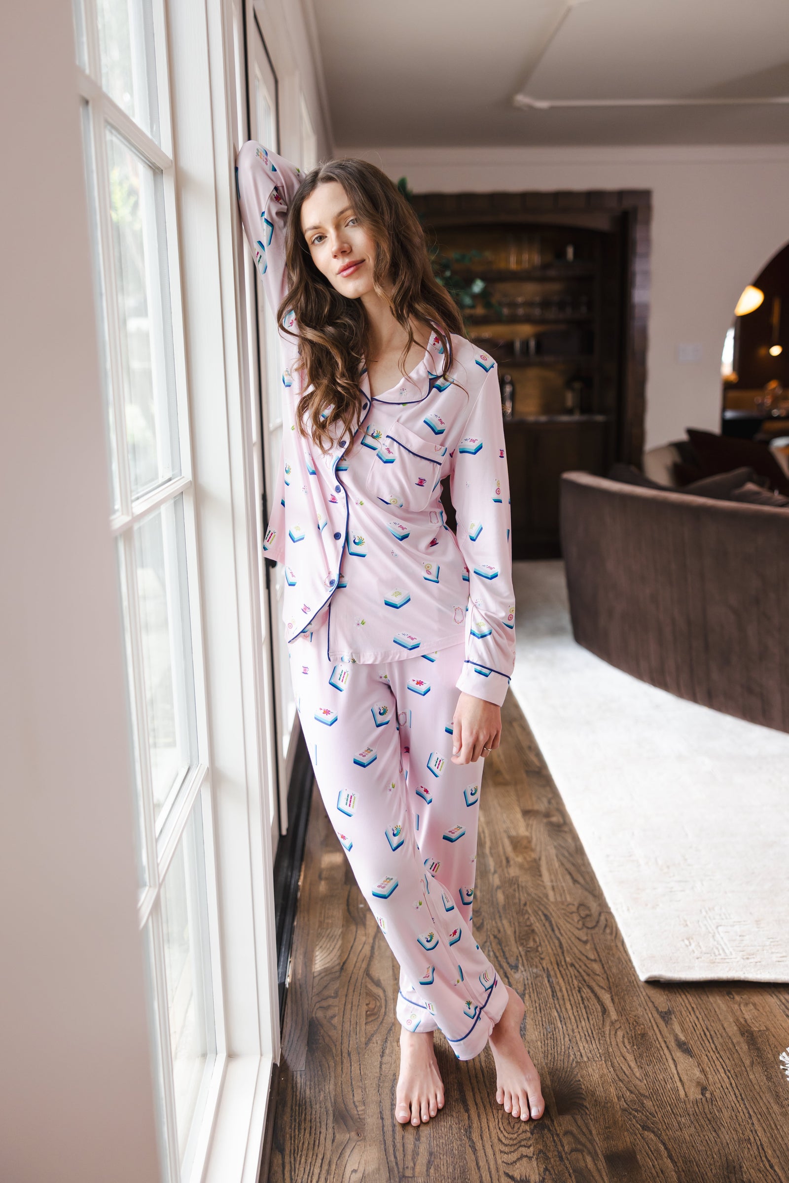 Long-Sleeved Women's Pajama Set in Sakura Mahjong - Image 2