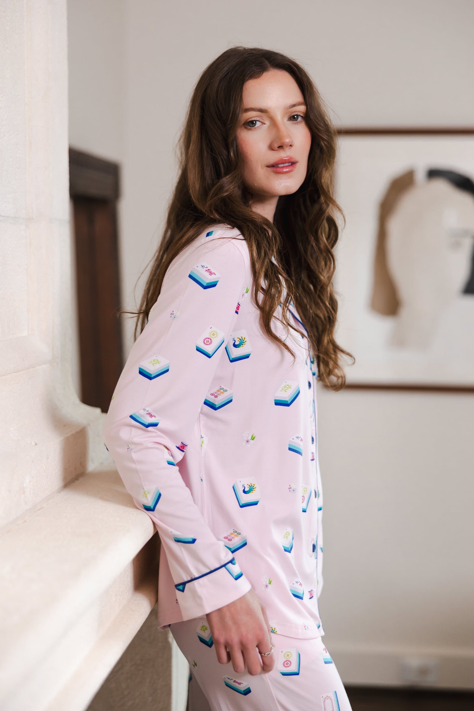 Long-Sleeved Women's Pajama Set in Sakura Mahjong - Image 3
