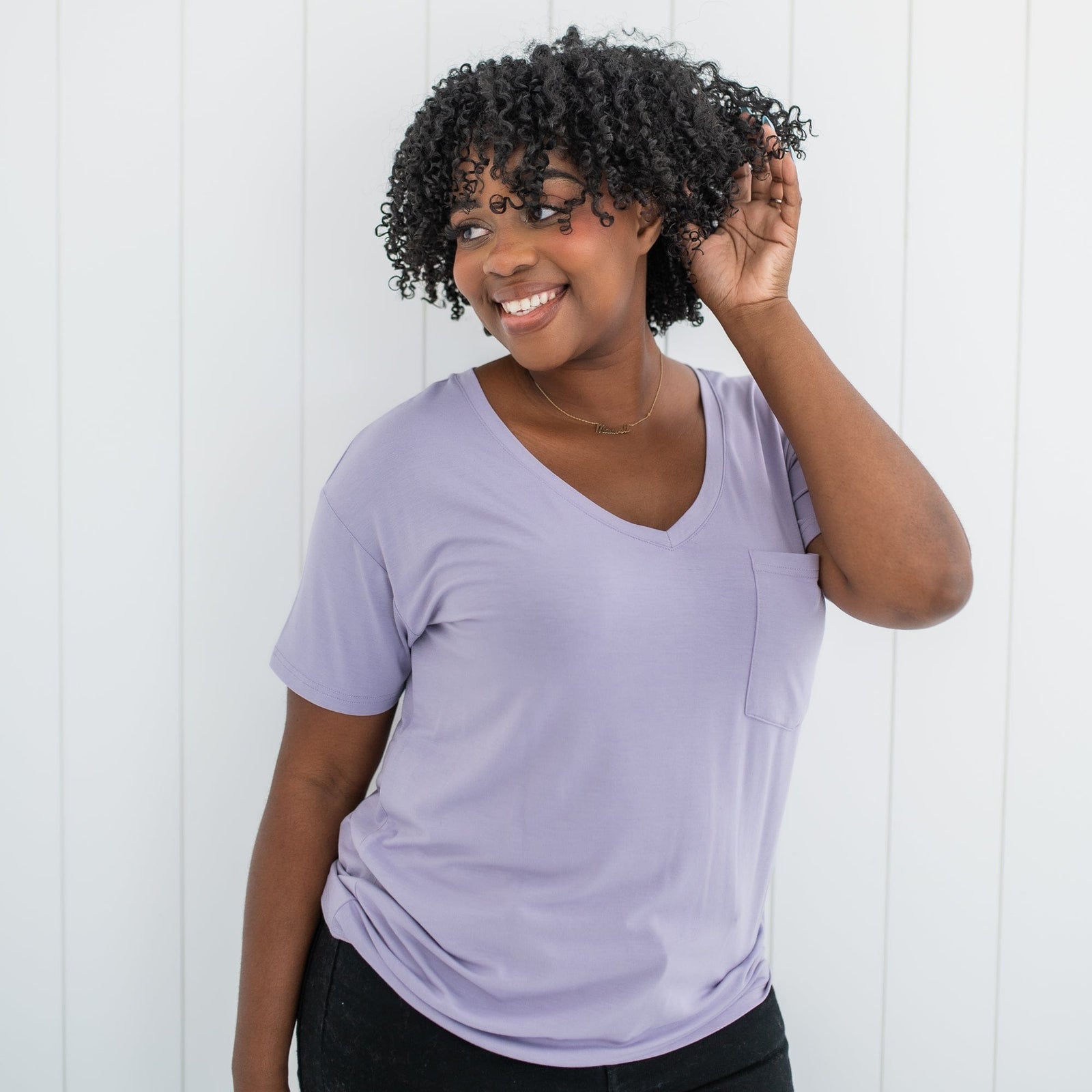 Women's Oversized V-Neck Tee in Taro - Image 4