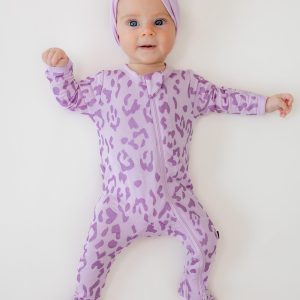Zippered Footie in Thistle Leopard