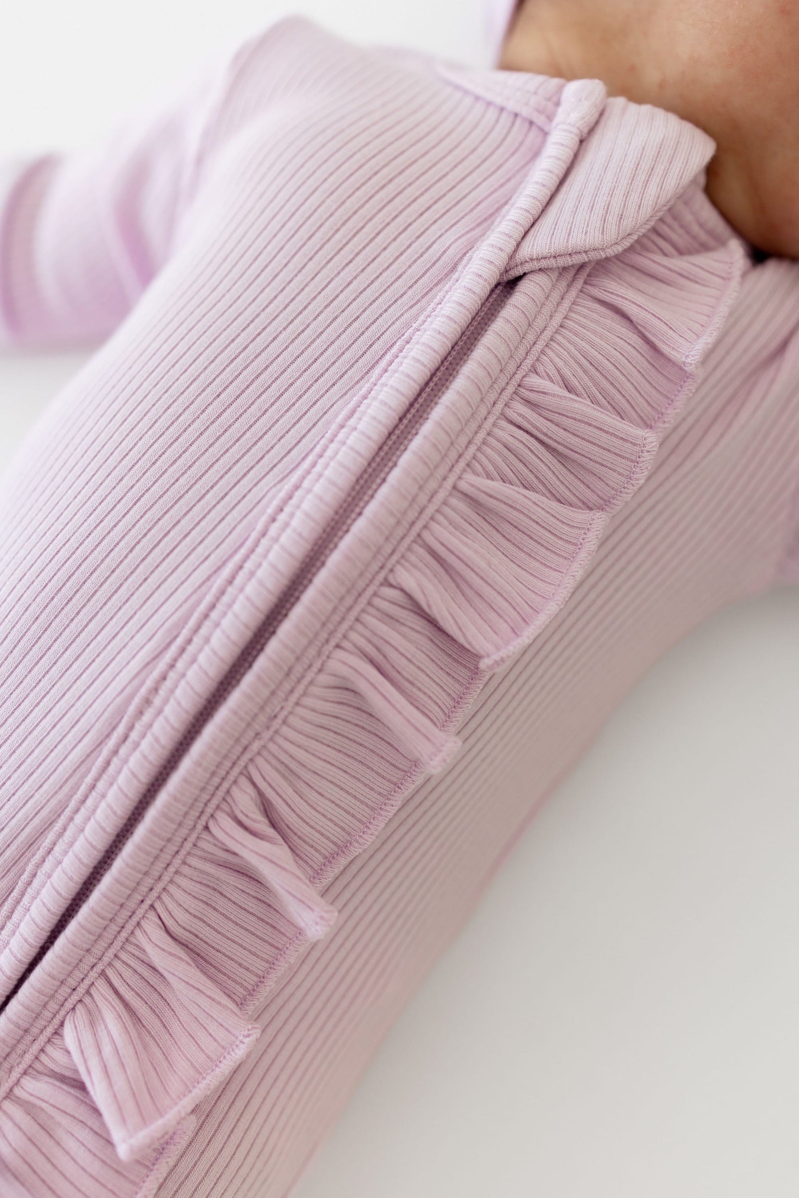 Ribbed Ruffle Zipper Footie in Thistle - Image 3