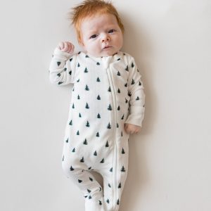 Pointelle Zippered Footie in Christmas Trees