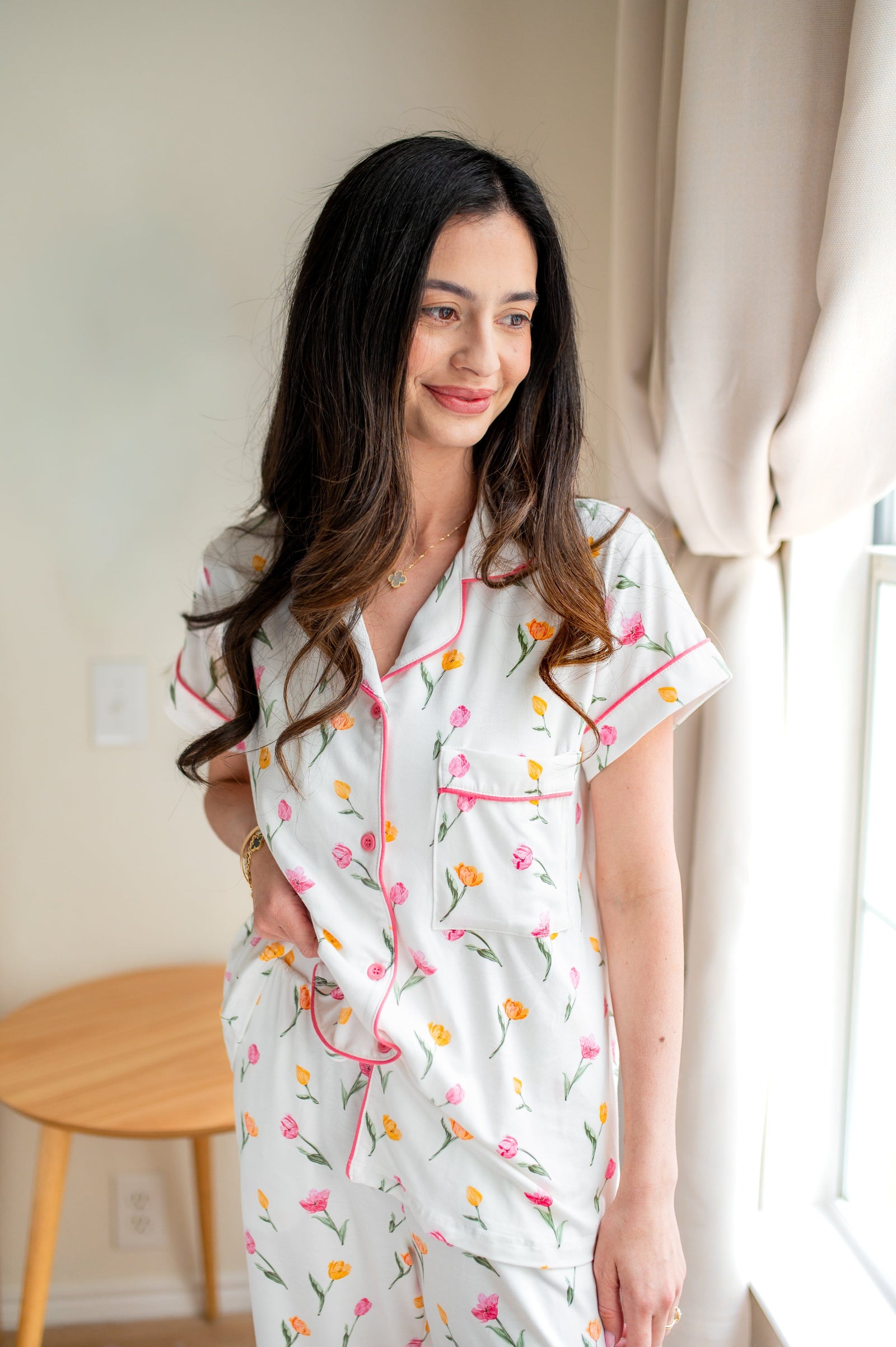 Women's Short Sleeve Cropped Pajama Set in Tulip - Image 4