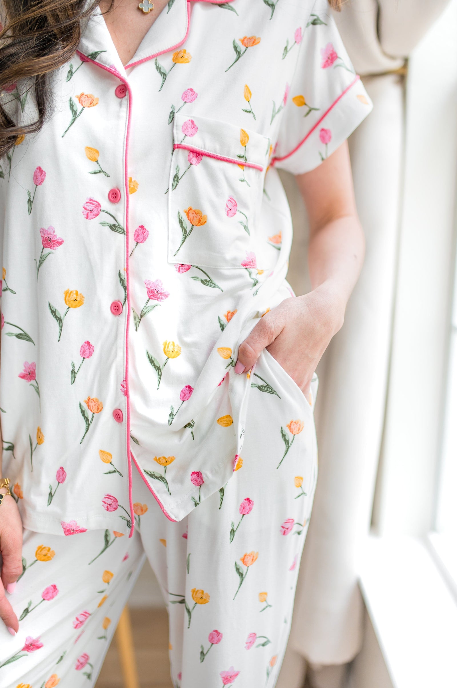 Women's Short Sleeve Cropped Pajama Set in Tulip - Image 6