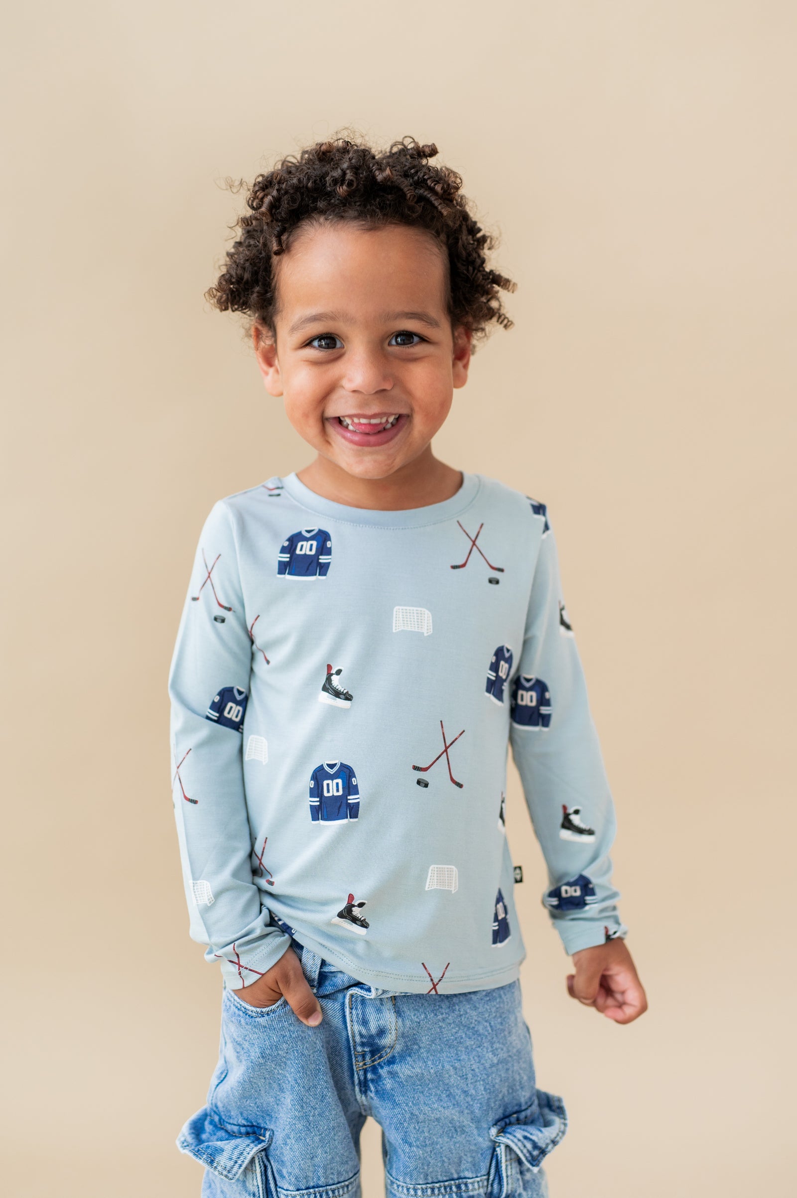 Long Sleeve Toddler Crew Neck Tee in Vintage Hockey