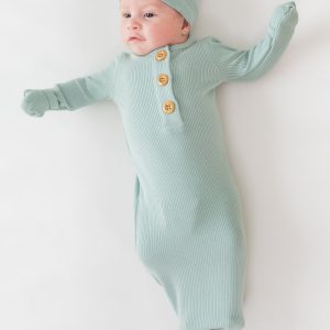 Ribbed Knotted Day Gown with Hat Set in Sage