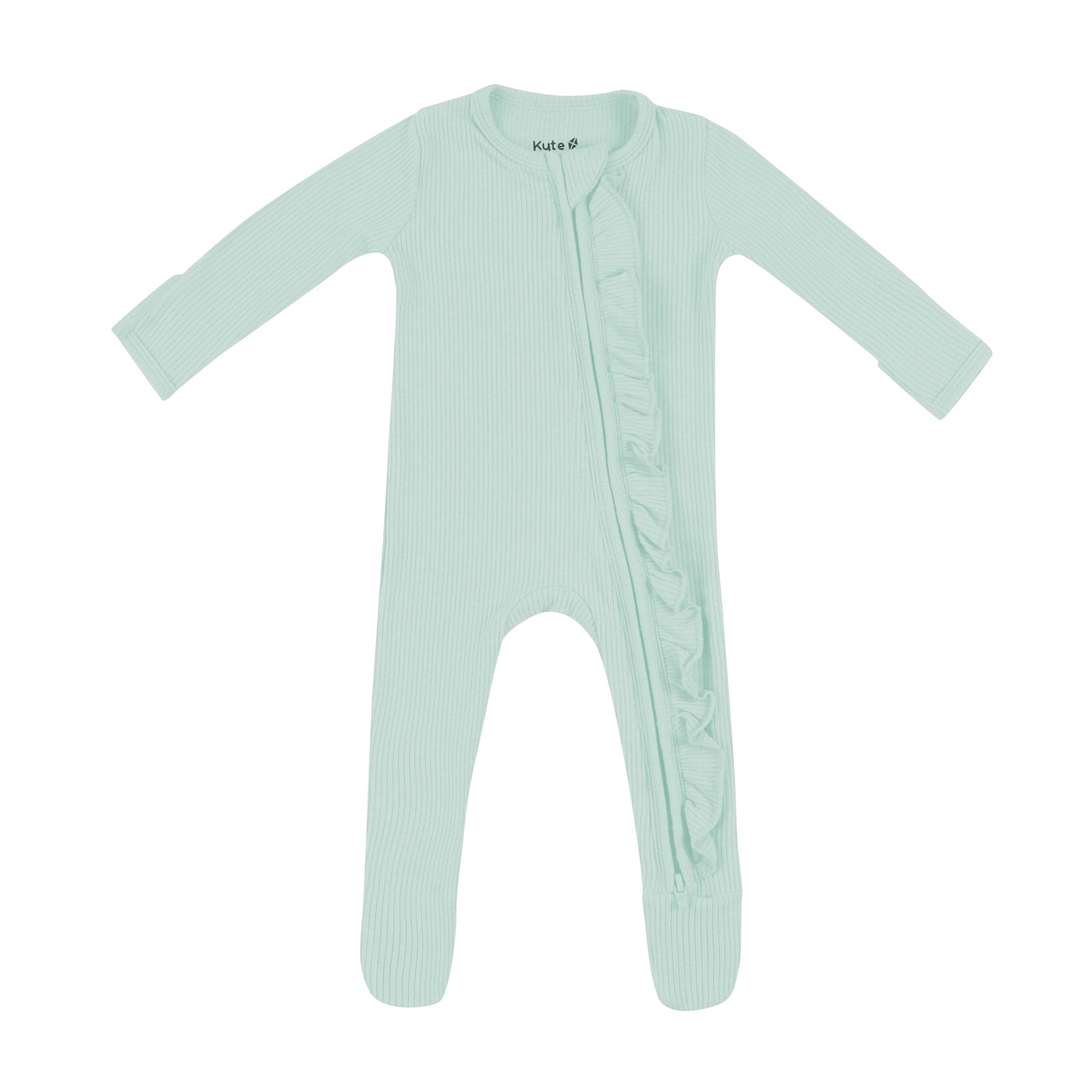 Ribbed Ruffle Zipper Footie in Sage - Image 2