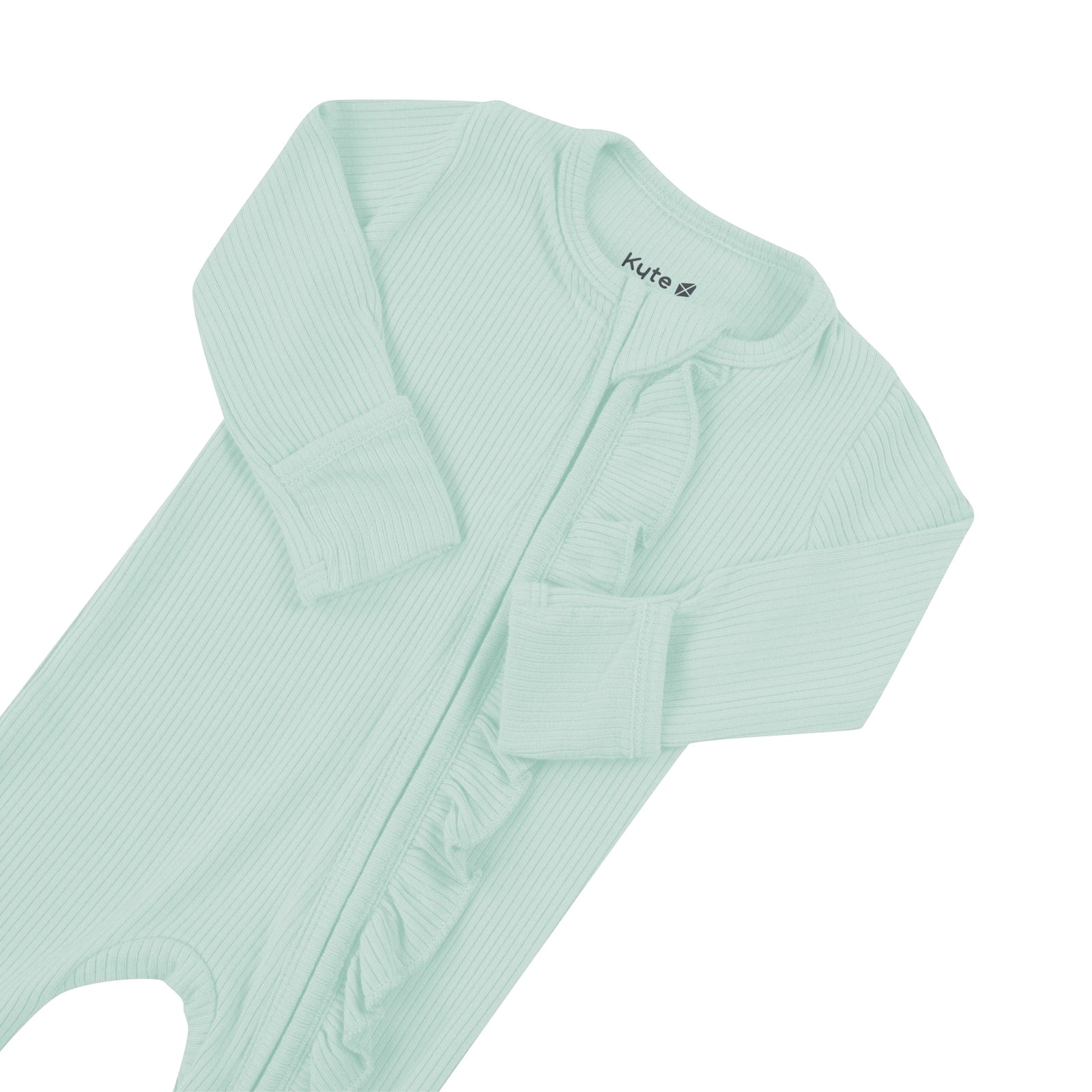Ribbed Ruffle Zipper Footie in Sage - Image 5