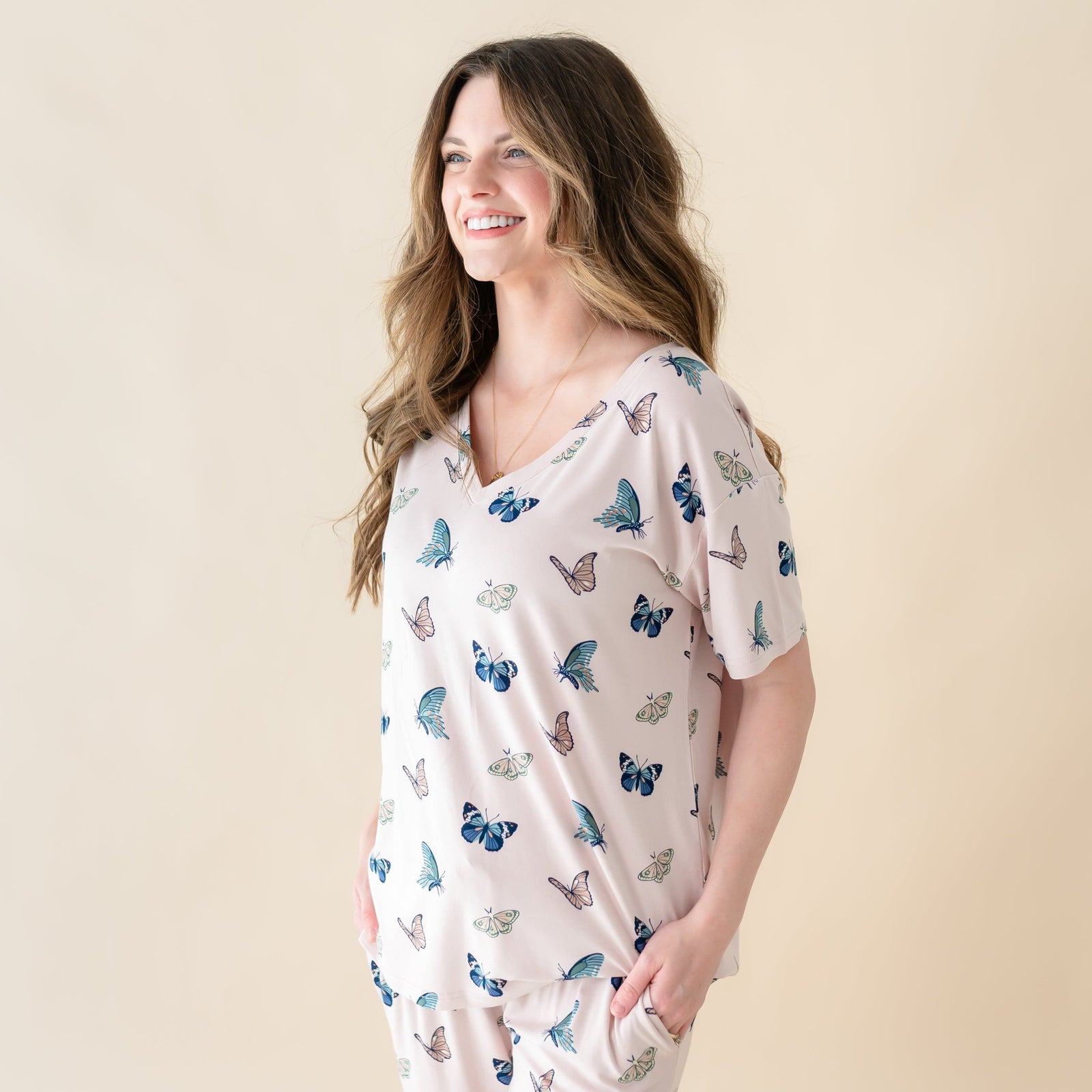 Women's Oversized V-Neck Tee in Blush Butterfly - Image 3